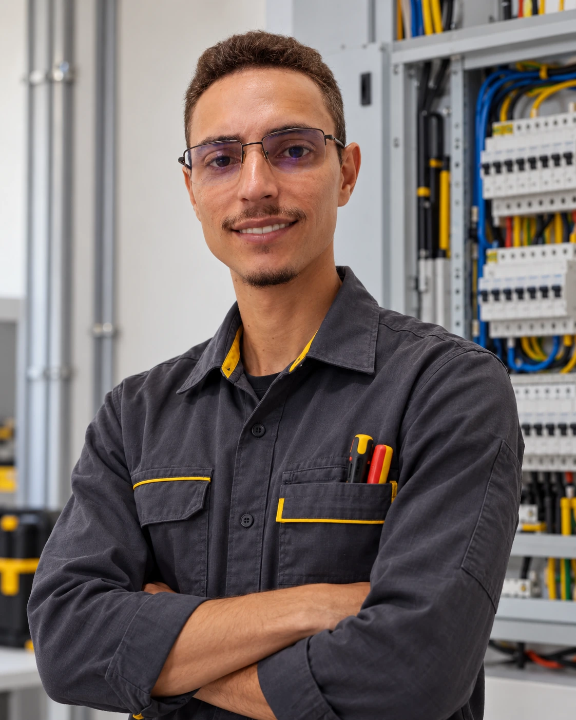 Retrato de Maikon Oliveira com uniforme de eletricista, editado digitalmente